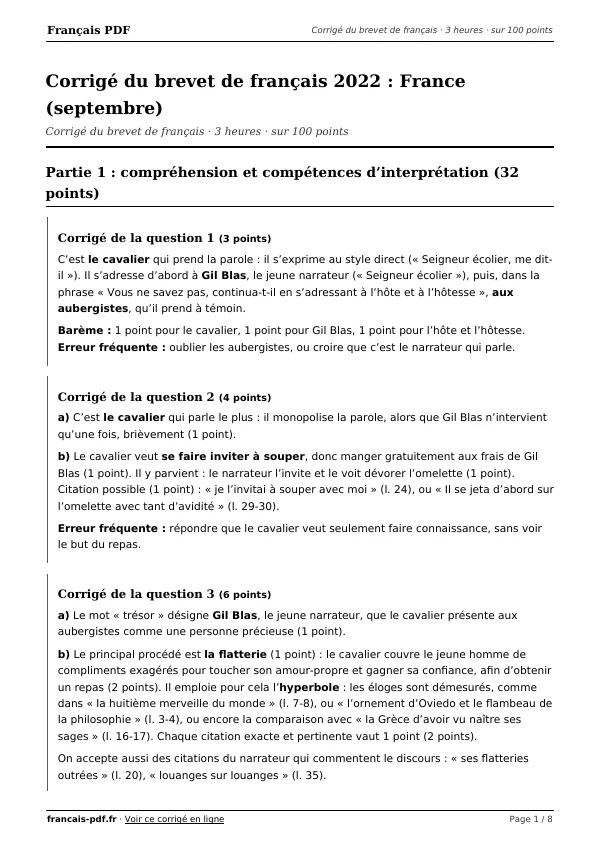Corrigé du brevet de français 2022 en PDF