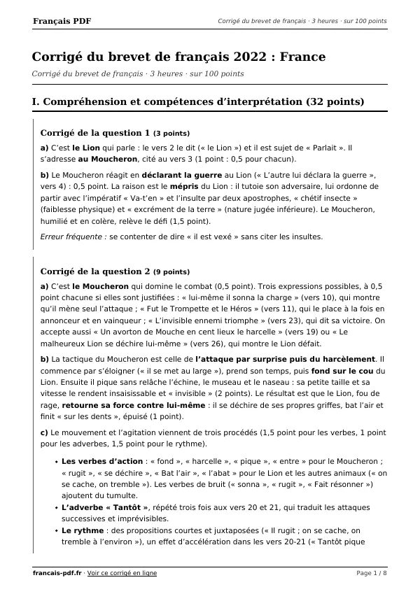Corrigé du brevet de français 2022 en PDF