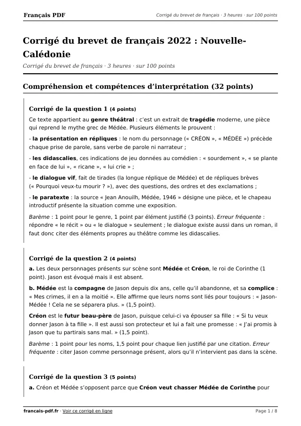 Corrigé du brevet de français 2022 en PDF