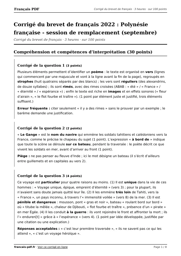 Corrigé du brevet de français 2022 en PDF