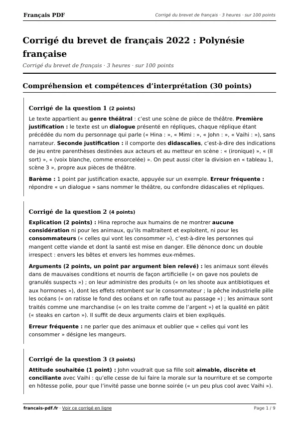 Corrigé du brevet de français 2022 en PDF