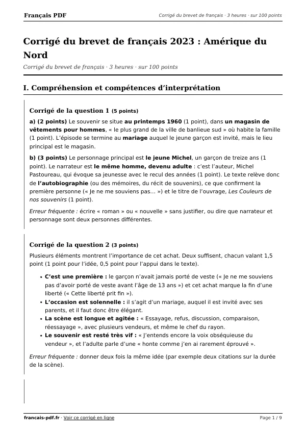 Corrigé du brevet de français 2023 en PDF