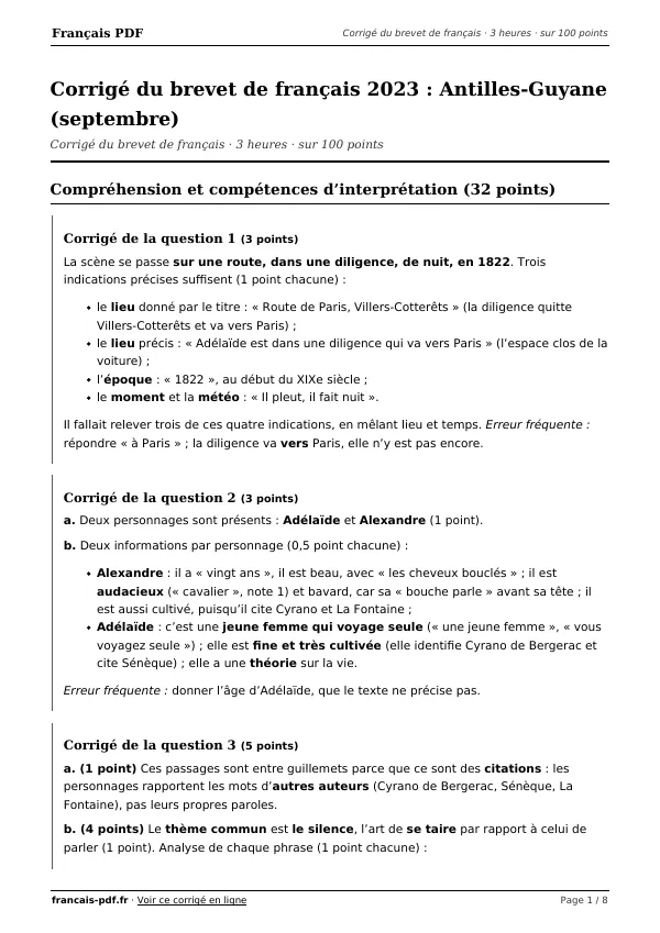Corrigé du brevet de français 2023 en PDF