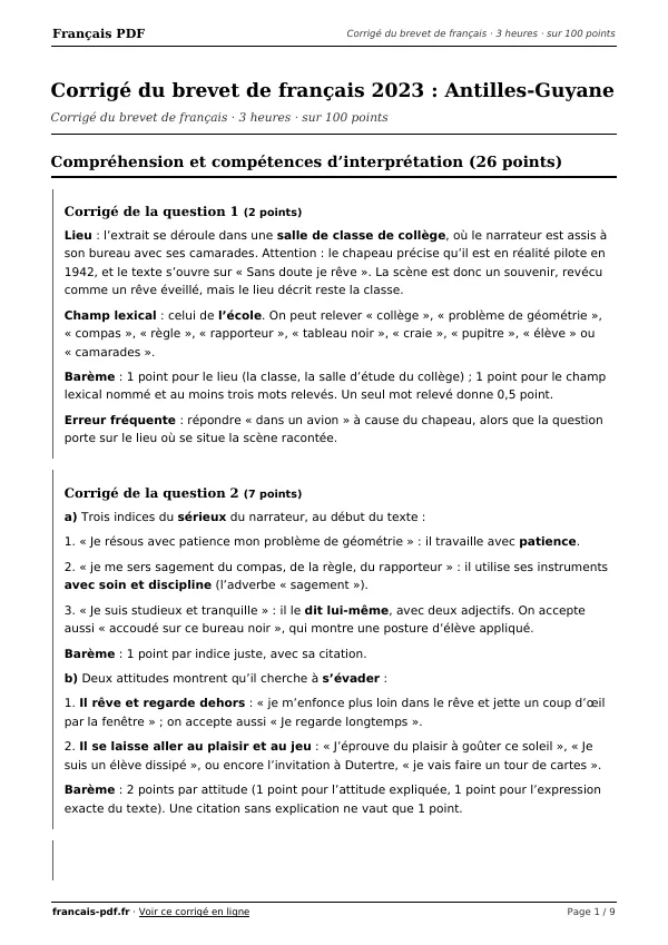 Corrigé du brevet de français 2023 en PDF