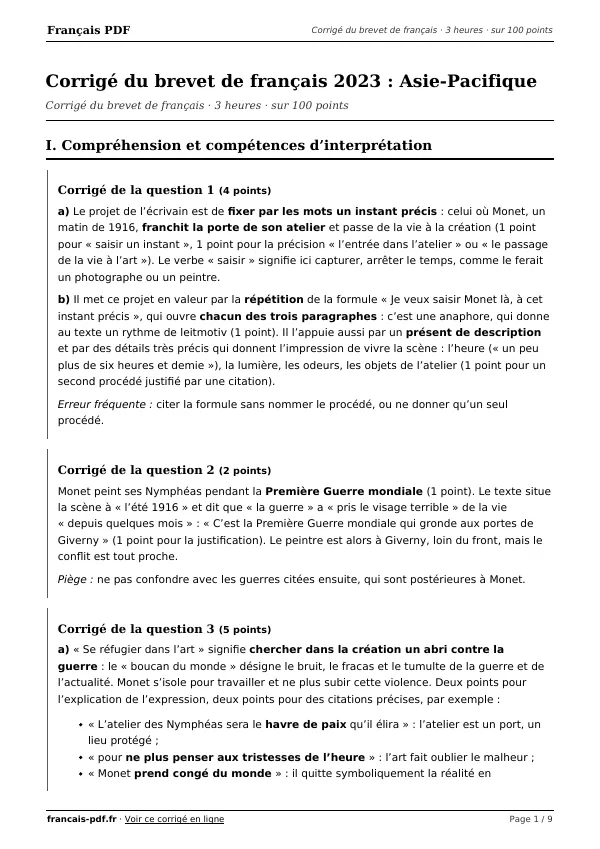 Corrigé du brevet de français 2023 en PDF