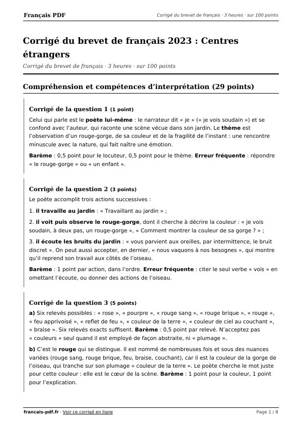 Corrigé du brevet de français 2023 en PDF