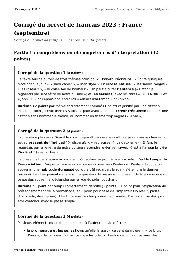 Corrigé du brevet de français 2023 en PDF