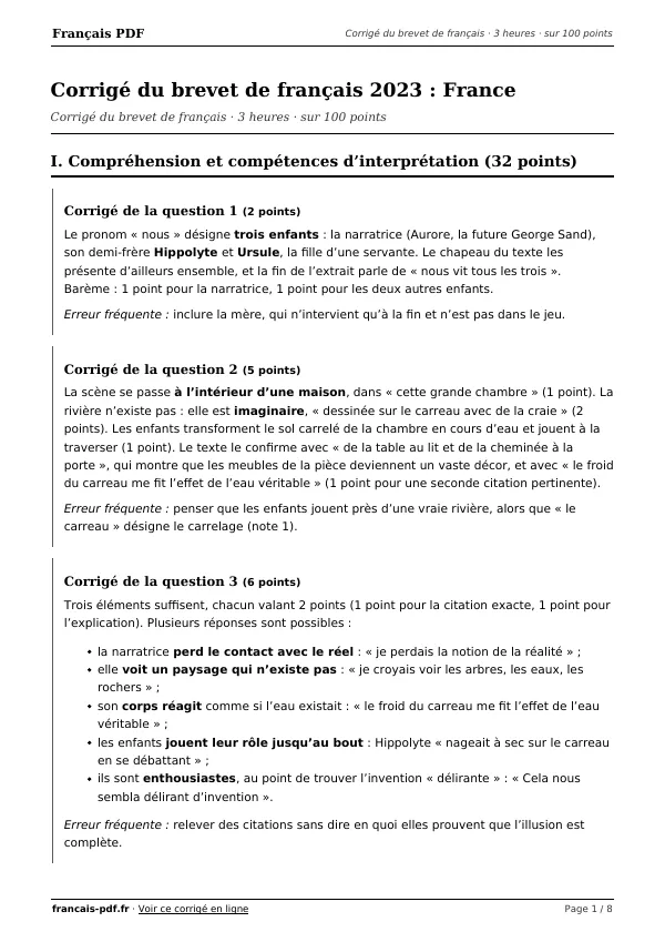 Corrigé du brevet de français 2023 en PDF