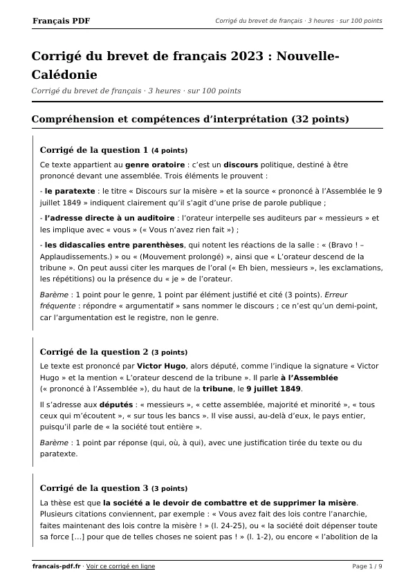 Corrigé du brevet de français 2023 en PDF