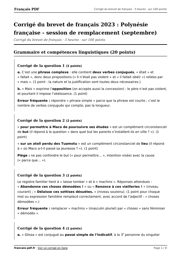 Corrigé du brevet de français 2023 en PDF