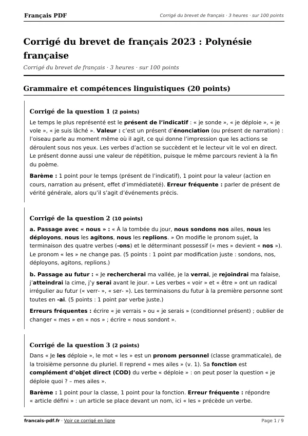 Corrigé du brevet de français 2023 en PDF