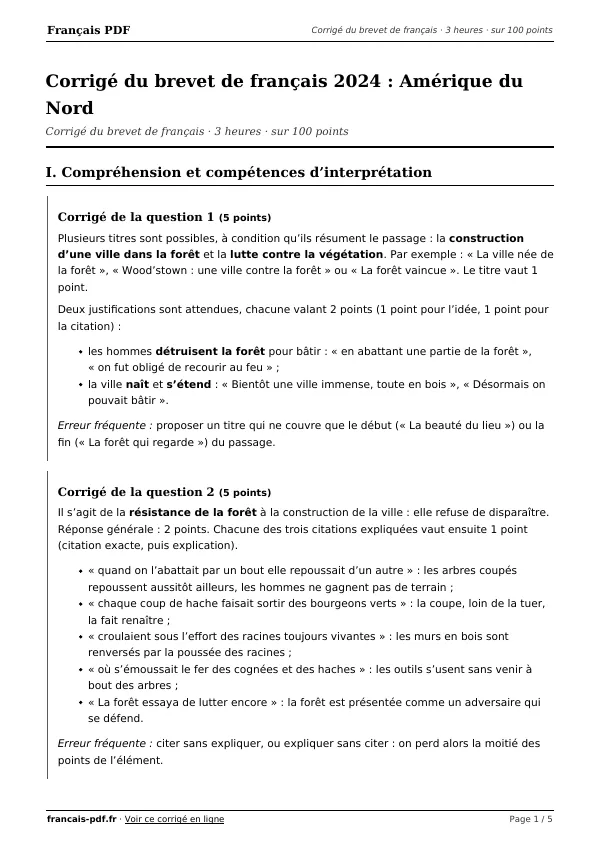 Corrigé du brevet de français 2024 en PDF