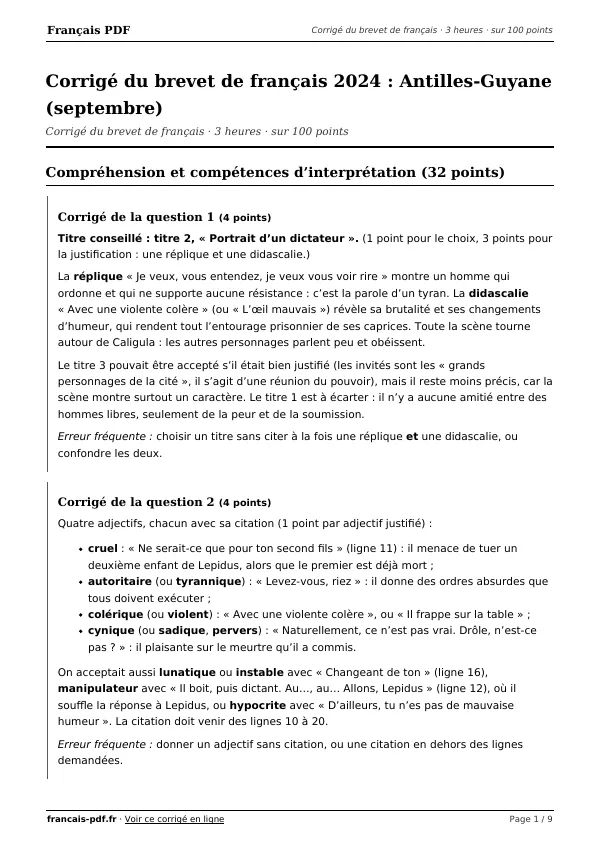 Corrigé du brevet de français 2024 en PDF