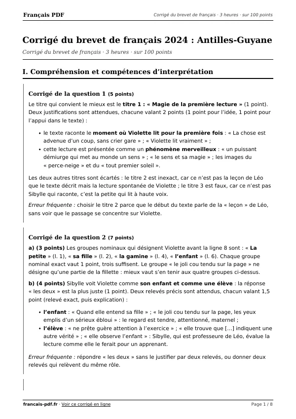 Corrigé du brevet de français 2024 en PDF