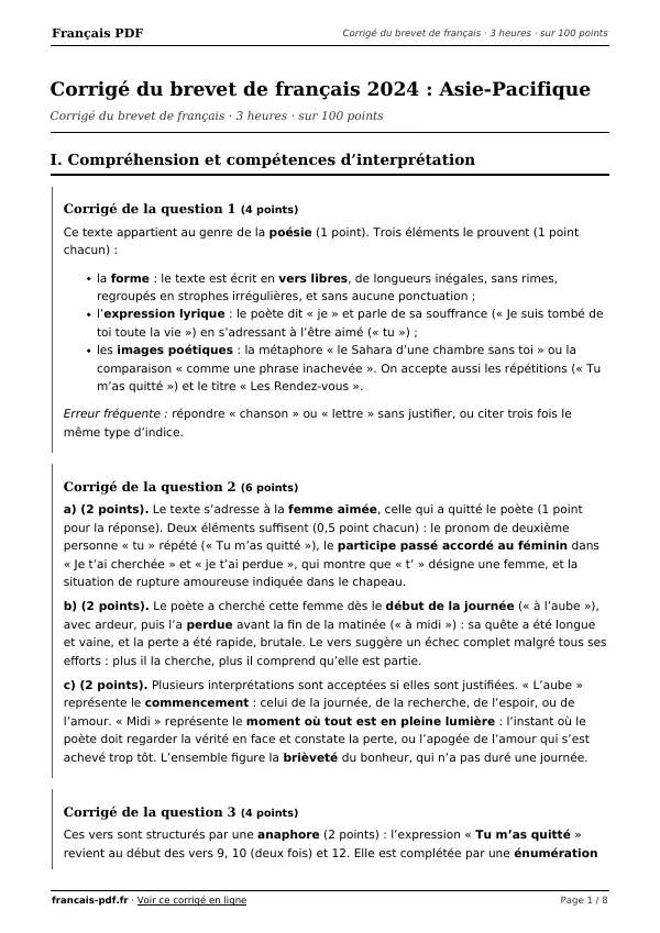 Corrigé du brevet de français 2024 en PDF