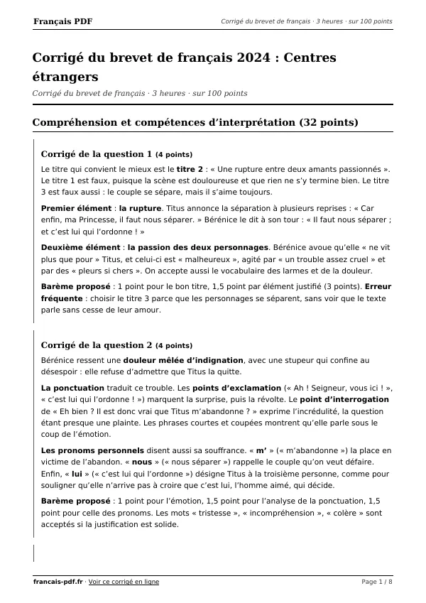 Corrigé du brevet de français 2024 en PDF