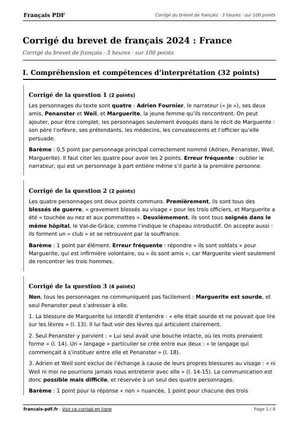 Corrigé du brevet de français 2024 en PDF