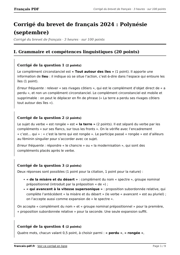 Corrigé du brevet de français 2024 en PDF