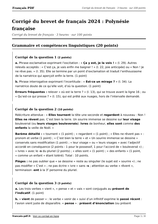 Corrigé du brevet de français 2024 en PDF
