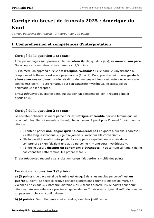 Corrigé du brevet de français 2025 en PDF