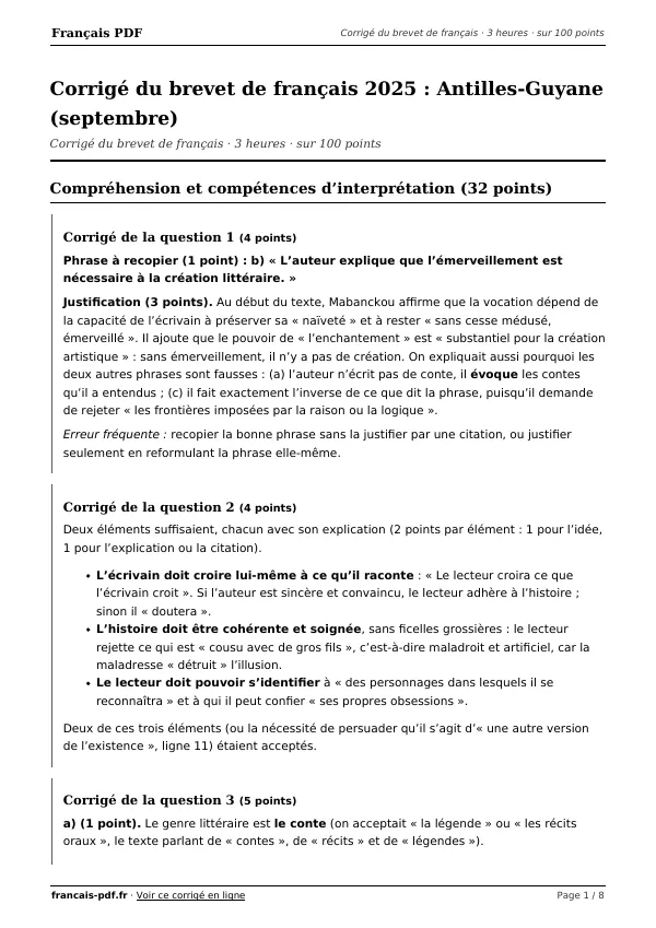 Corrigé du brevet de français 2025 en PDF