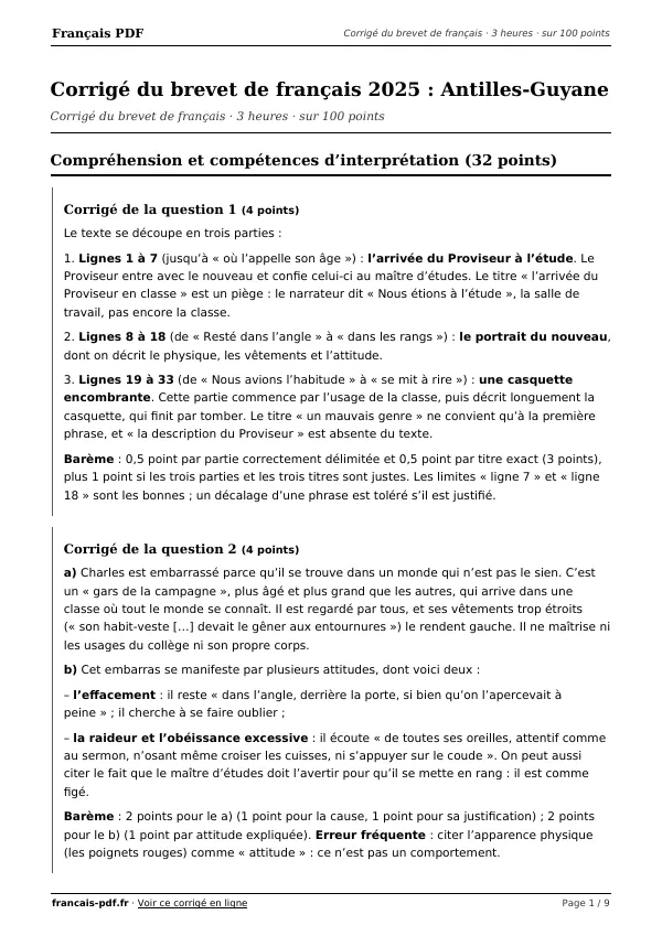 Corrigé du brevet de français 2025 en PDF