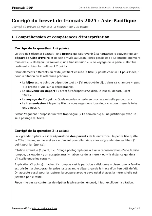 Corrigé du brevet de français 2025 en PDF