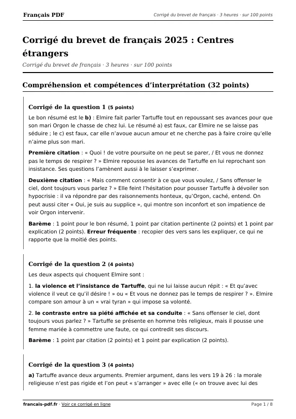 Corrigé du brevet de français 2025 en PDF