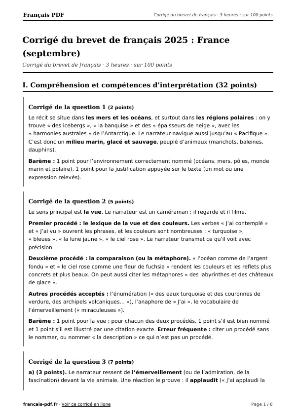 Corrigé du brevet de français 2025 en PDF