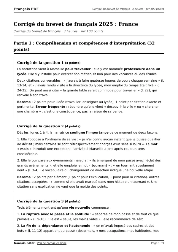 Corrigé du brevet de français 2025 en PDF