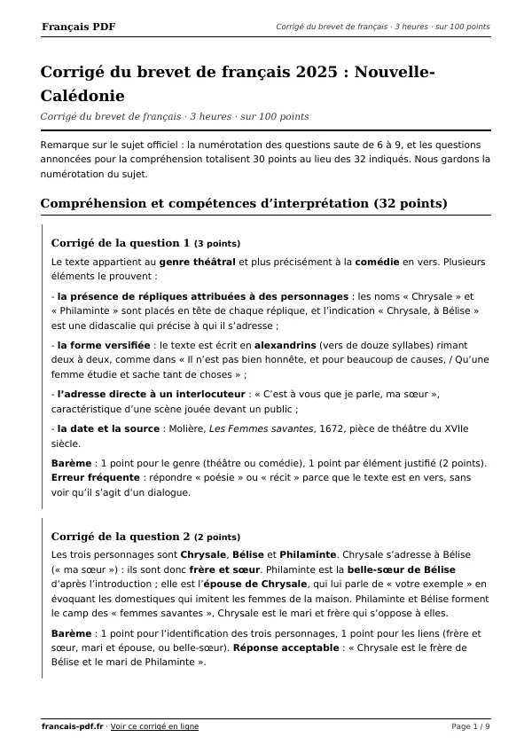 Corrigé du brevet de français 2025 en PDF