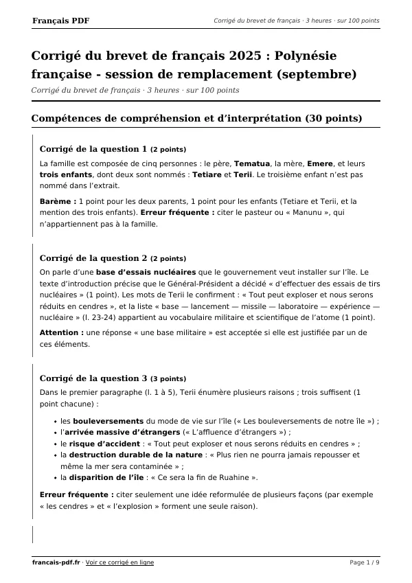 Corrigé du brevet de français 2025 en PDF