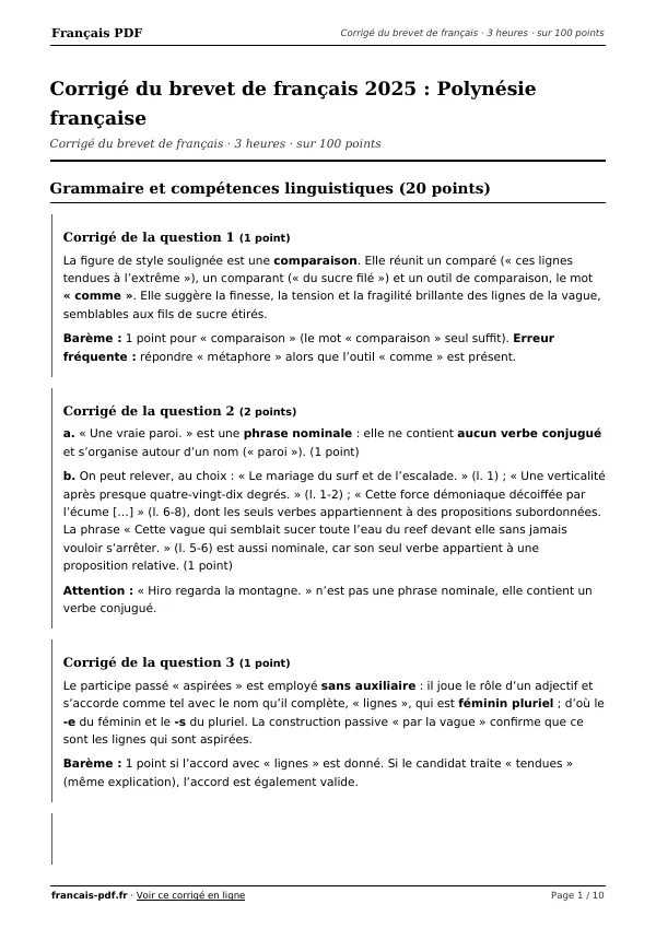 Corrigé du brevet de français 2025 en PDF