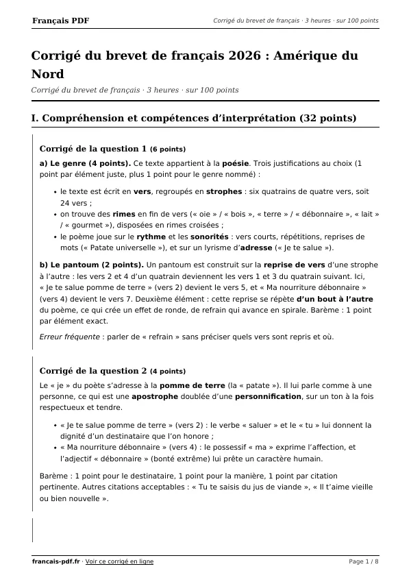 Corrigé du brevet de français 2026 en PDF