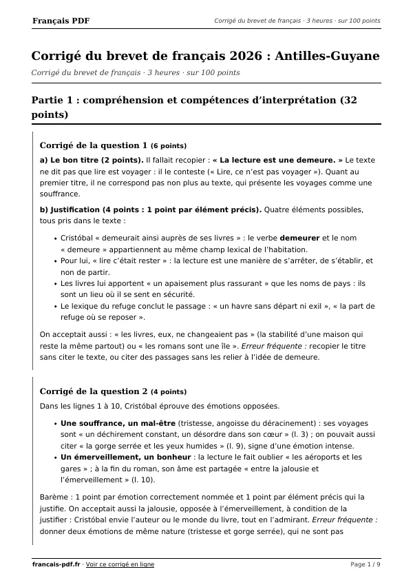 Corrigé du brevet de français 2026 en PDF
