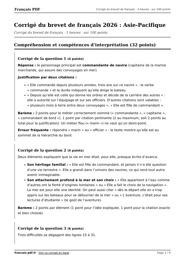 Corrigé du brevet de français 2026 en PDF