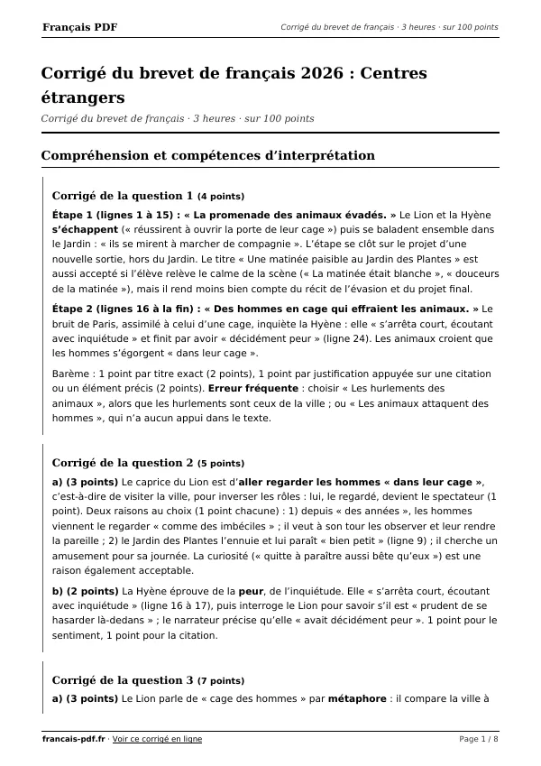 Corrigé du brevet de français 2026 en PDF
