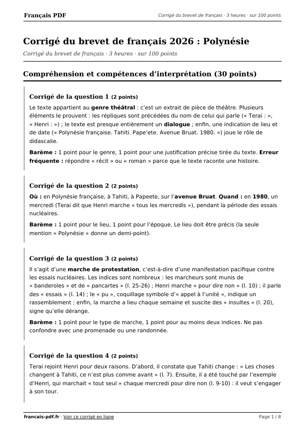 Corrigé du brevet de français 2026 en PDF