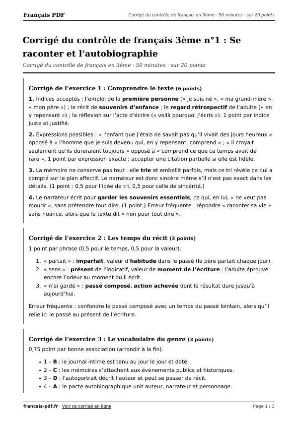 Corrigé du contrôle de français 3ème n°1 en PDF