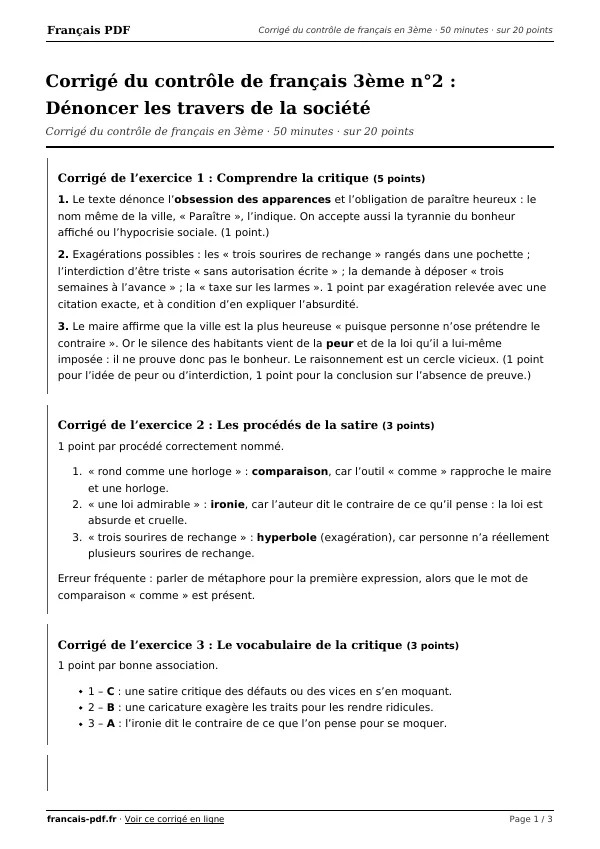 Corrigé du contrôle de français 3ème n°2 en PDF