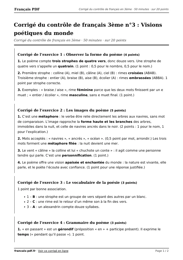 Corrigé du contrôle de français 3ème n°3 en PDF