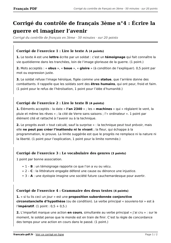 Corrigé du contrôle de français 3ème n°4 en PDF
