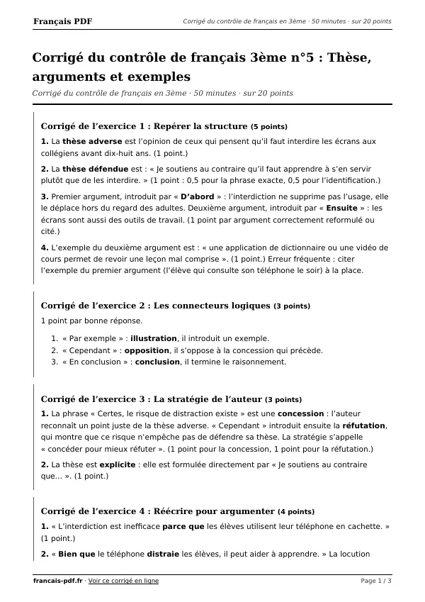 Corrigé du contrôle de français 3ème n°5 en PDF