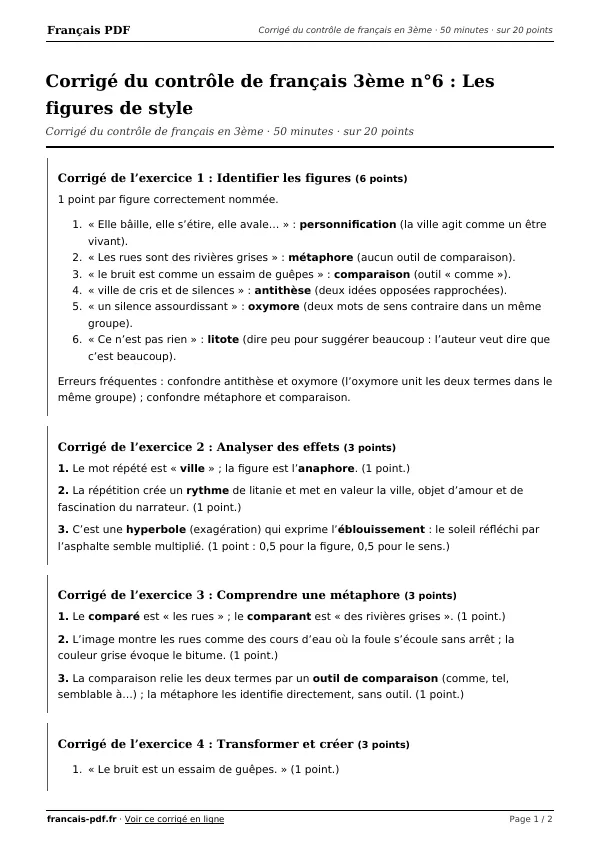 Corrigé du contrôle de français 3ème n°6 en PDF