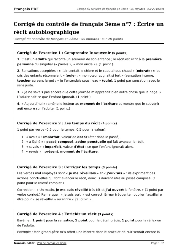 Corrigé du contrôle de français 3ème n°7 en PDF