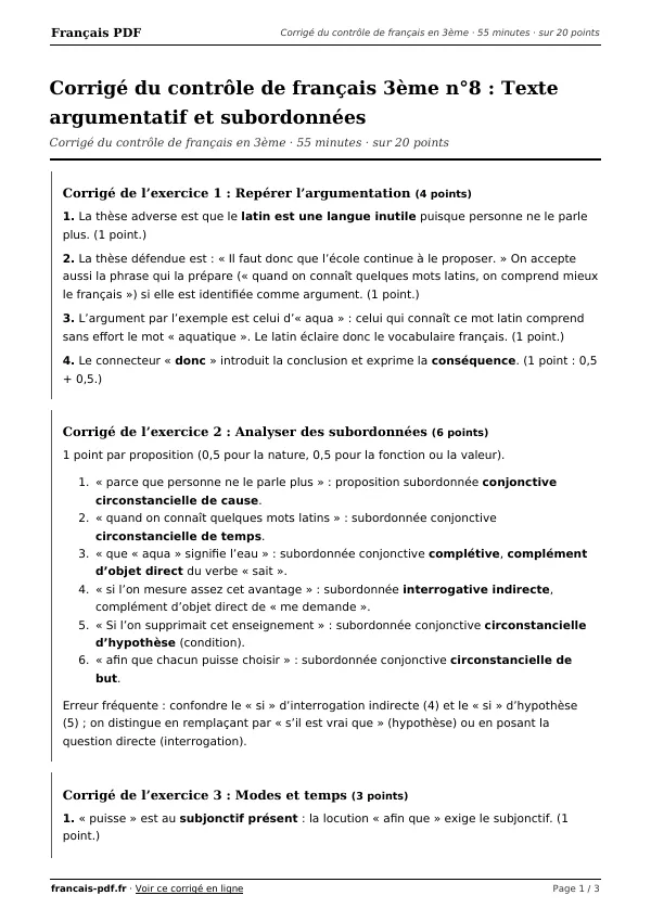 Corrigé du contrôle de français 3ème n°8 en PDF