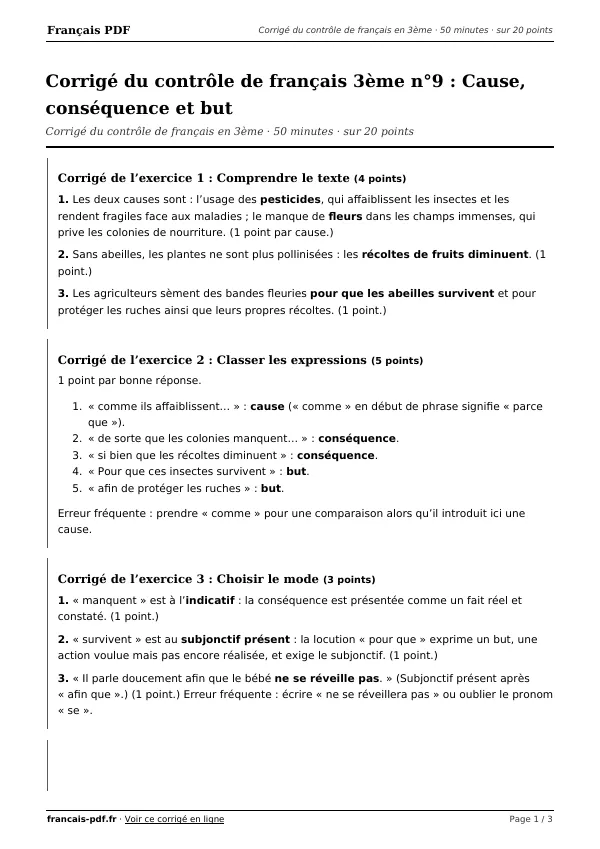 Corrigé du contrôle de français 3ème n°9 en PDF