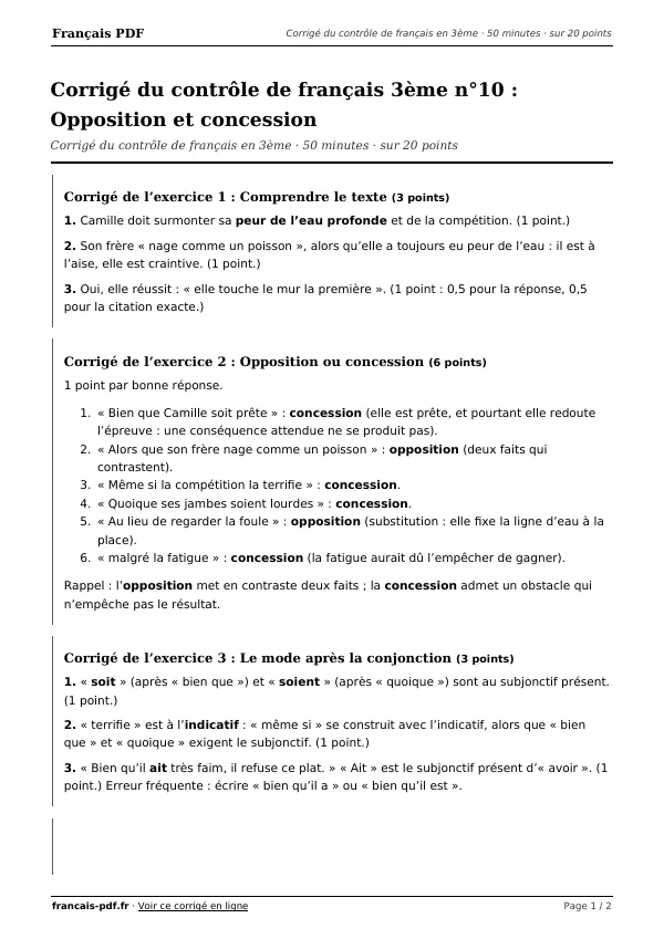 Corrigé du contrôle de français 3ème n°10 en PDF