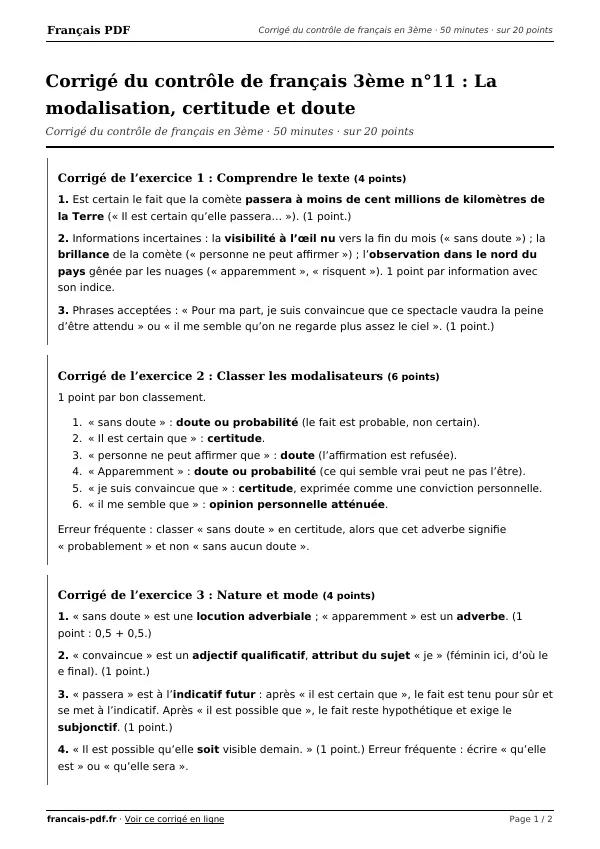 Corrigé du contrôle de français 3ème n°11 en PDF