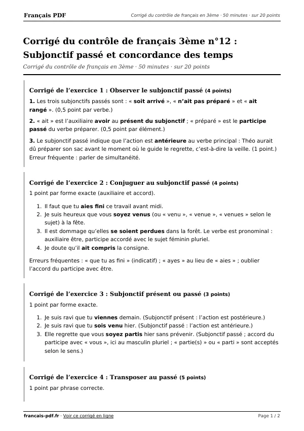 Corrigé du contrôle de français 3ème n°12 en PDF